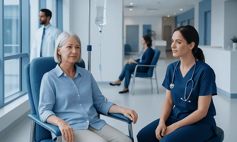 Elderly woman receiving IV infusion in hospital with nurse present.