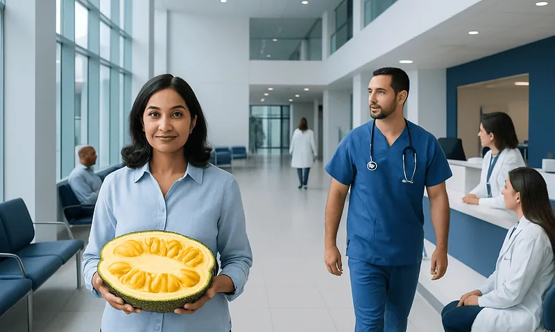 Healthcare professionals in a modern hospital lobby with a woman holding a sliced jackfruit.
