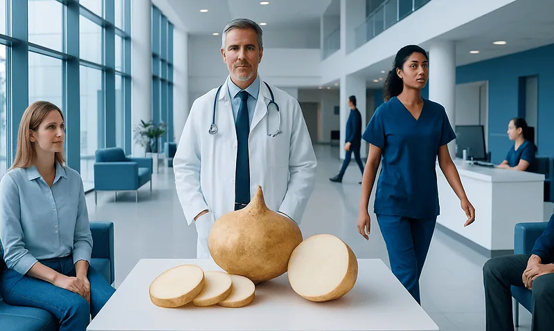 Jicama: An Evidence-Based Guide for Patients 14 Medical professionals in a hospital lobby with jicama on a table.