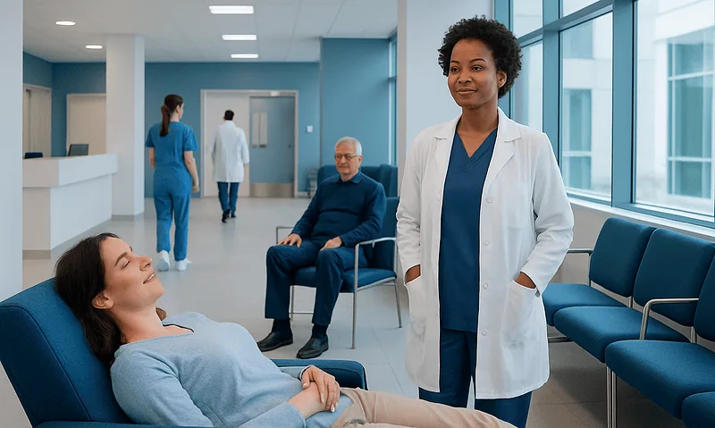 Jpmr Relaxation: What Patients Need to Know 6 Healthcare professionals and patient in a modern hospital waiting area.