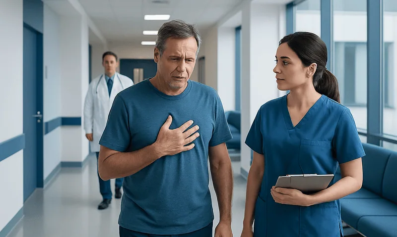 Patient experiencing chest discomfort with healthcare professionals nearby.