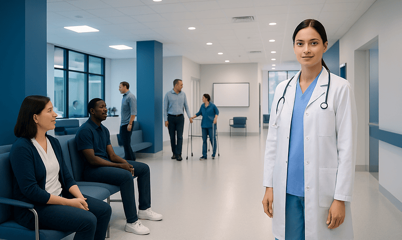 Kaju Milk: An Evidence-Based Guide for Patients 5 Healthcare professionals and patients in a modern hospital corridor.