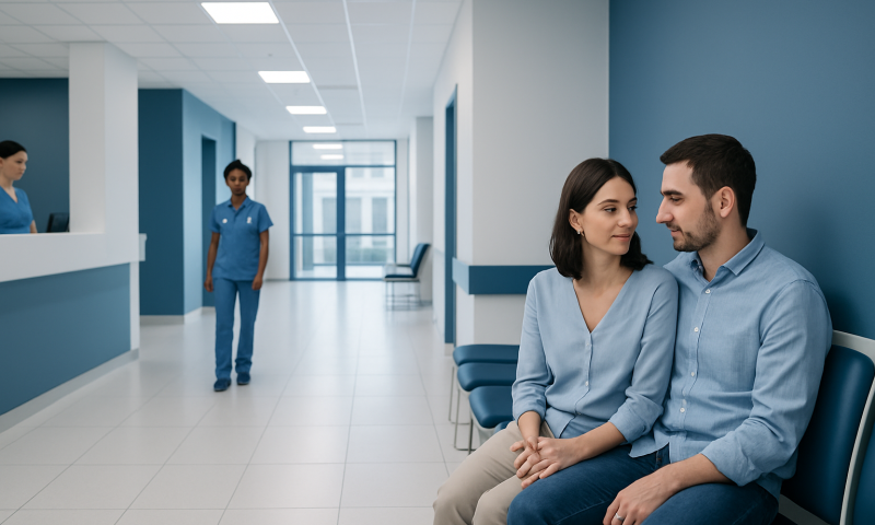 Patients waiting in a modern hospital corridor at Acibadem Hospitals Group.