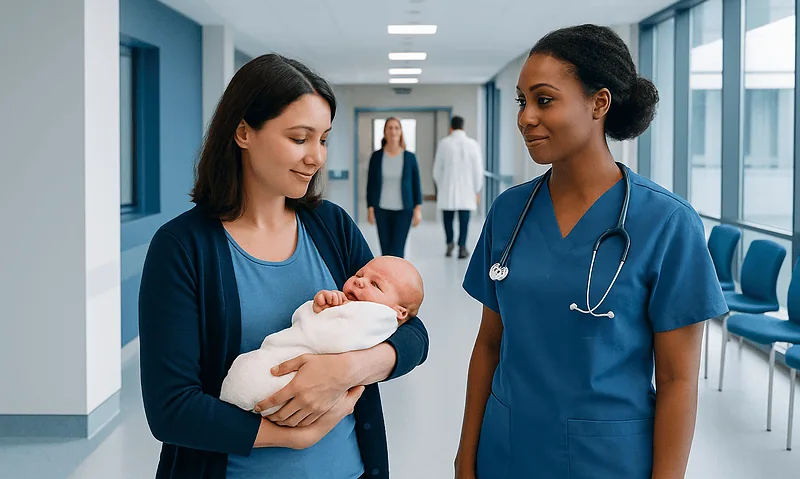 Mother holding newborn in hospital corridor with nurse nearby.