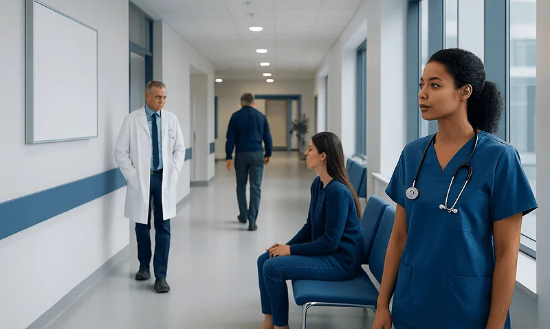 Healthcare professionals and patients in a modern hospital corridor.