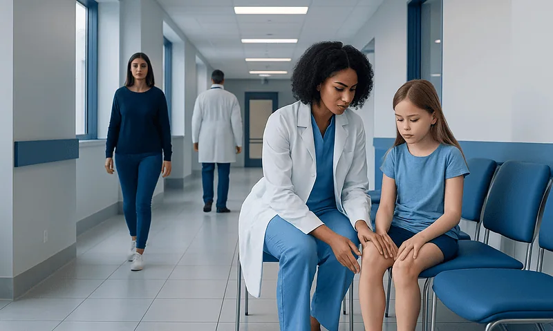Knee knock disease: A Complete Medical Guide for Patients 3 Pediatric doctor examining child's knee in hospital corridor.