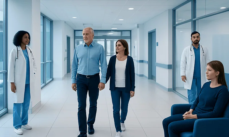 Hospital corridor with medical staff and visitors at Acibadem Hospitals Group.