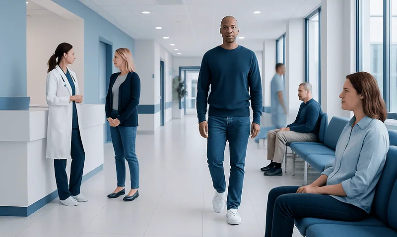 Diverse group of patients and staff in a modern hospital corridor.
