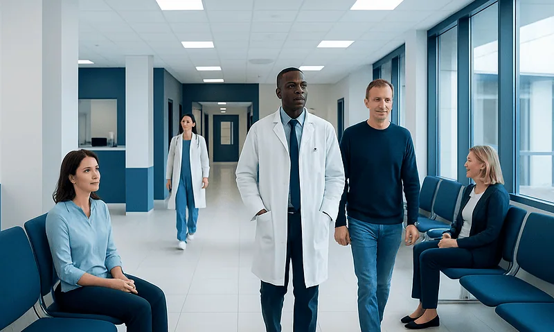 Diverse medical team consulting in hospital corridor with patients.