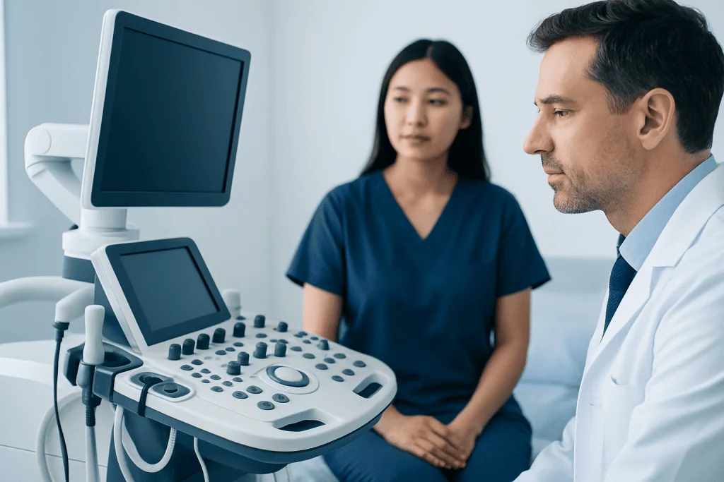 Medical consultation with ultrasound device at Acibadem Hospital.