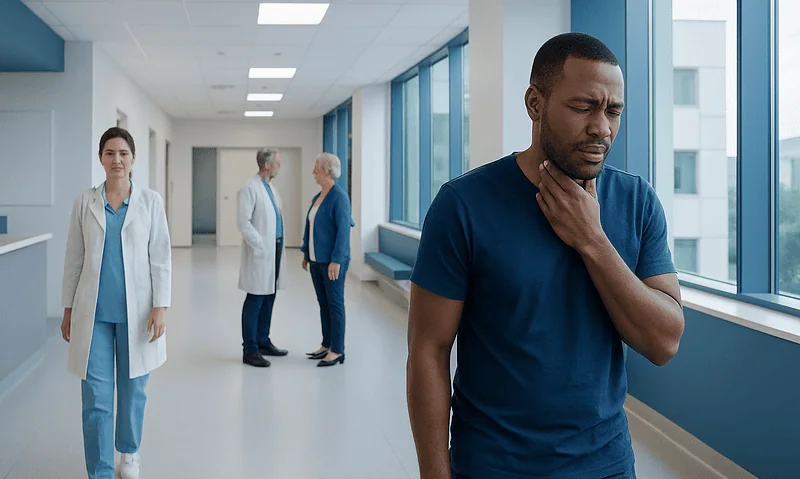 Patient experiencing throat discomfort in hospital corridor with medical staff nearby.