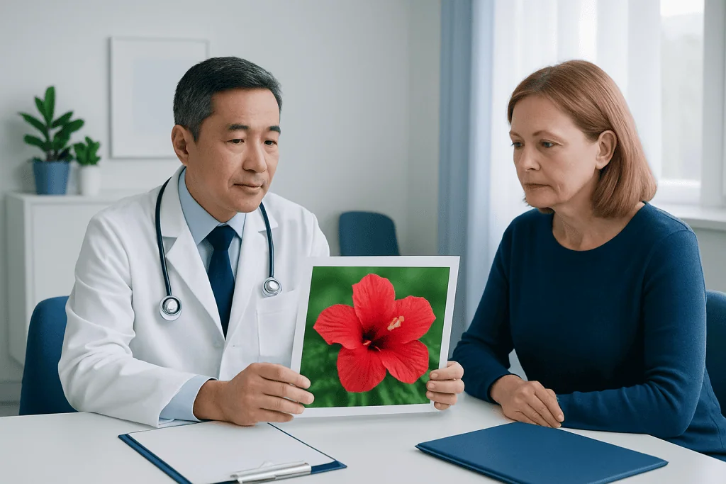 Doctor explaining hibiscus flower benefits to a patient in a consultation room.