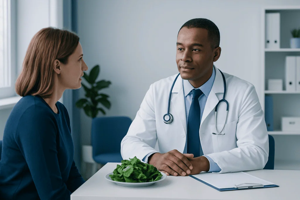 Doctor consulting with a female patient in a modern medical office.