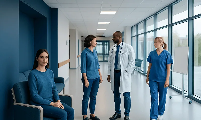 Medical team discussing patient care in hospital corridor.