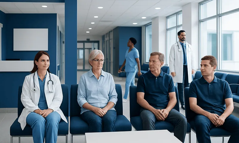 Patients waiting in a hospital corridor with medical staff nearby.
