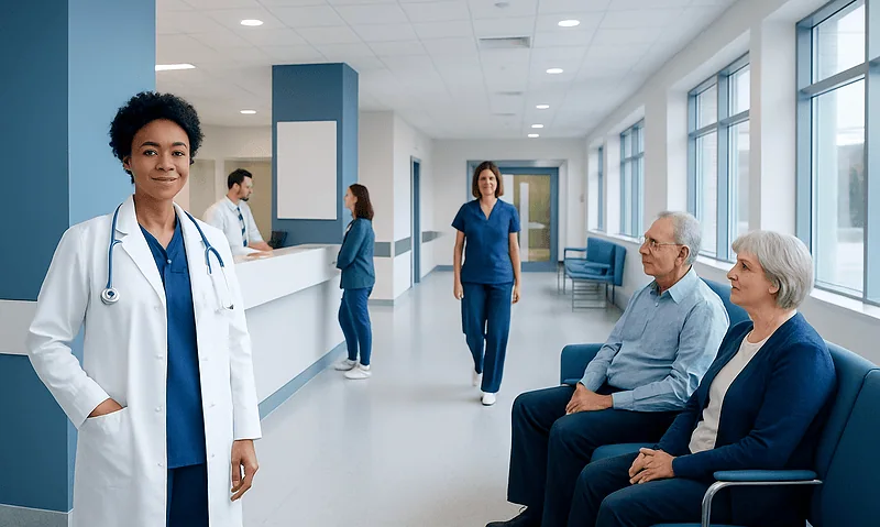 Healthcare professionals and patients in a modern hospital corridor.