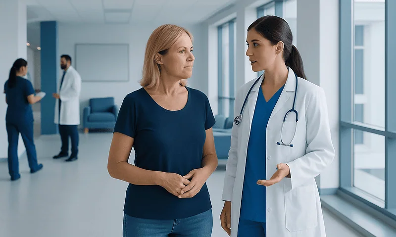 Doctor consulting with a patient in a modern hospital corridor.