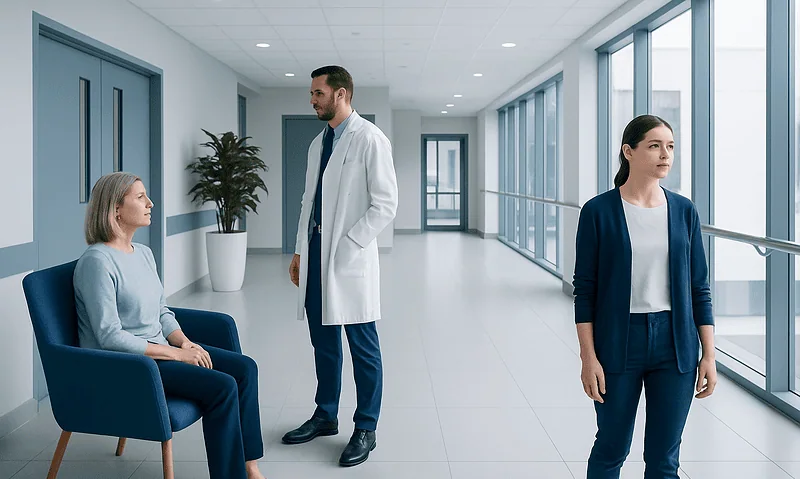 Doctor consulting with a patient in a modern hospital corridor.