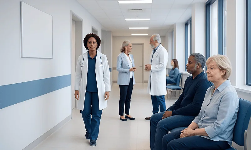 Medical staff and patients in a hospital corridor at Acibadem Hospitals Group.