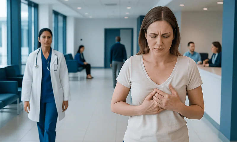Woman experiencing chest pain in hospital corridor with medical staff nearby.