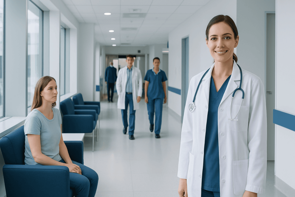 Mastopexy: A Complete Medical Overview 1 Healthcare professionals and patient in a modern hospital corridor.