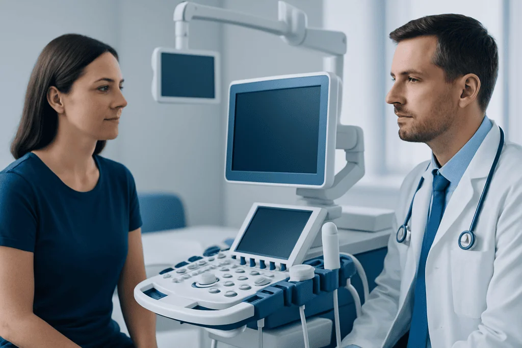Doctor consulting a patient with ultrasound equipment in a medical office.