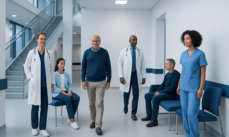 Medical team and patients in hospital corridor at Acibadem Hospitals Group.