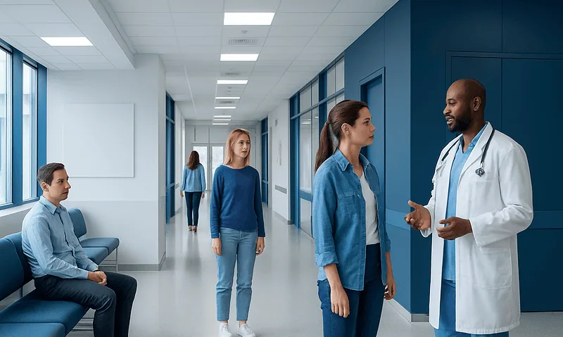Medical consultation in hospital corridor with doctor and patients.