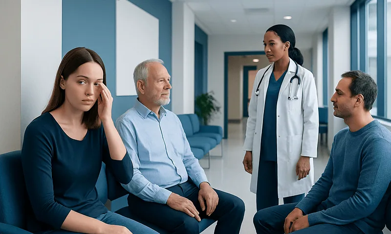 Doctor consulting with patients in a hospital corridor.