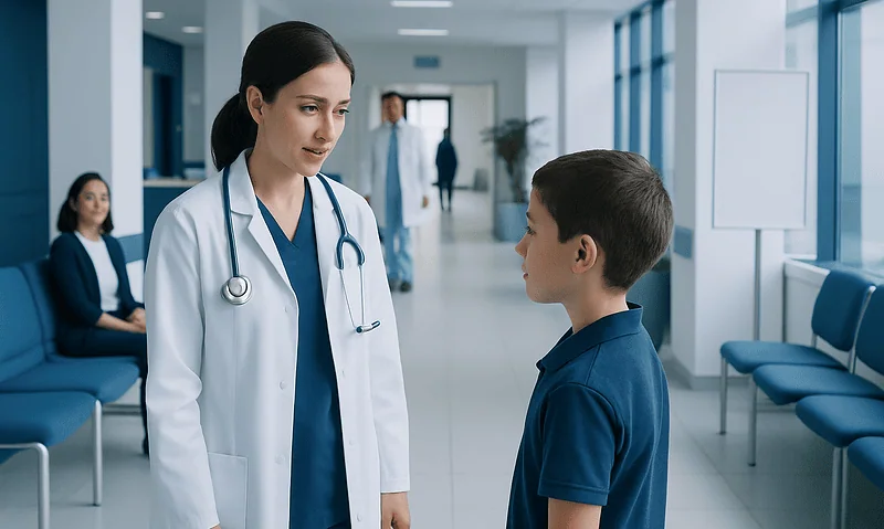 Doctor talking to a young boy in a hospital corridor.