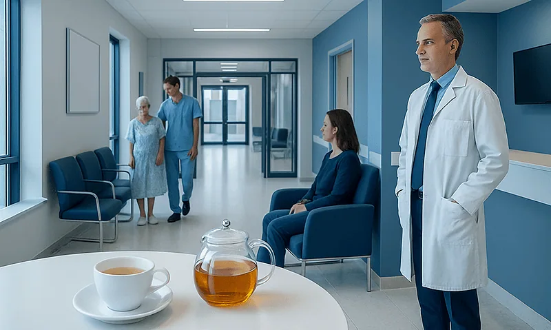 Doctor and patients in a hospital waiting area with tea on the table.