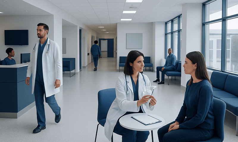 Medical consultation in a modern hospital waiting area with healthcare professionals and patients.