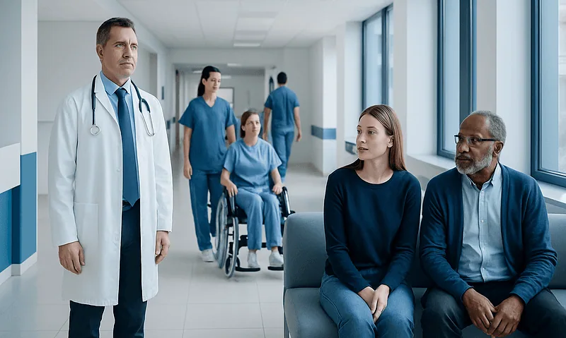 Medical team and patients in a hospital corridor at Acibadem Hospitals Group.