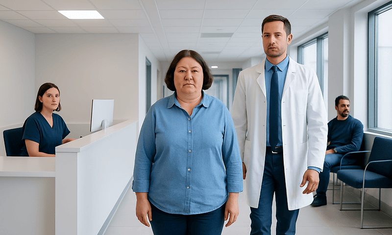 Medical consultation with a doctor and patients in a hospital corridor.