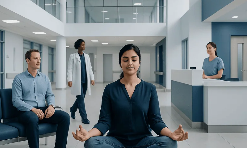 Woman practicing meditation in a hospital lobby with medical staff nearby.