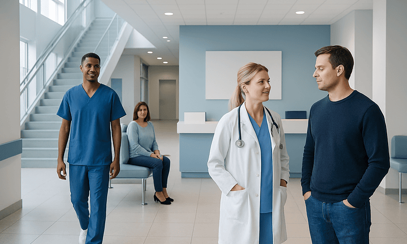 Medical professionals and patient in a modern hospital lobby.
