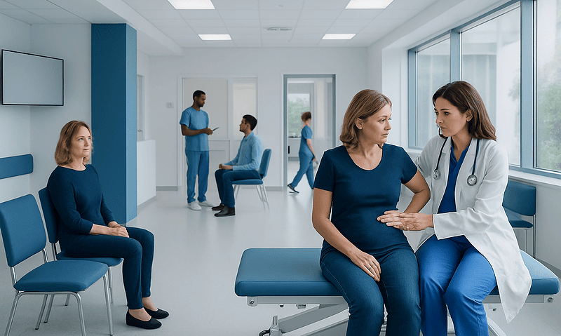 Medical consultation in a modern hospital with healthcare professionals and patients.