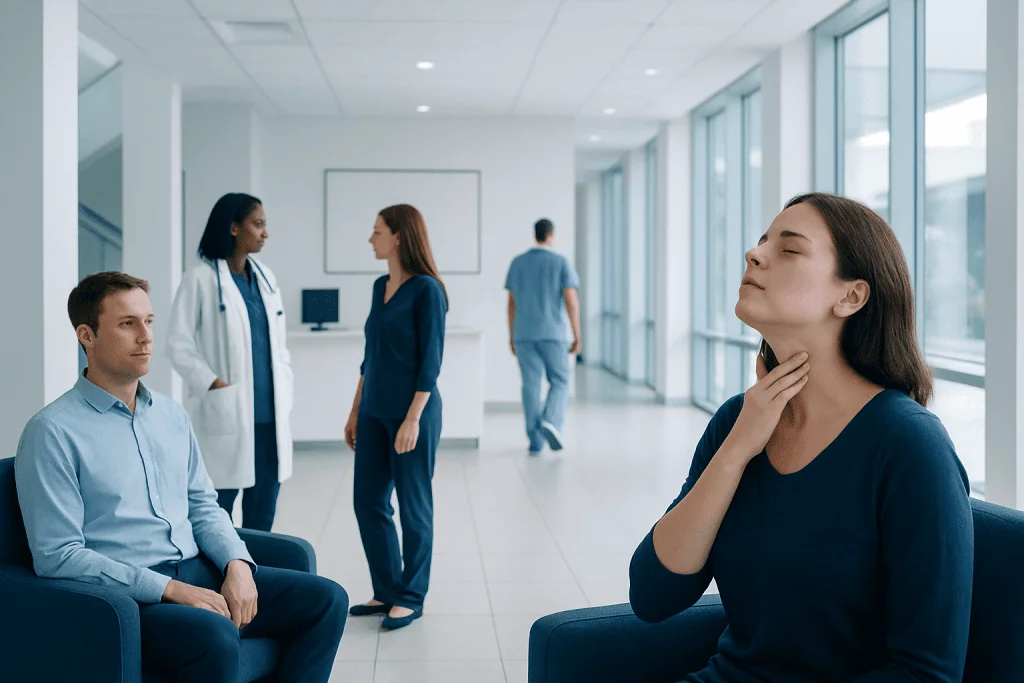Muscle Tension Dysphonia: What Patients Need to Know 1 Patient experiencing throat discomfort in a hospital waiting area.