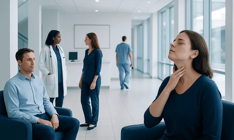 Patient experiencing throat discomfort in a hospital waiting area.