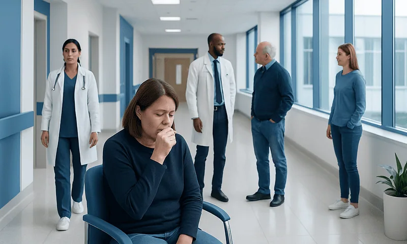 Patient experiencing nasal discomfort in hospital corridor with medical staff nearby.