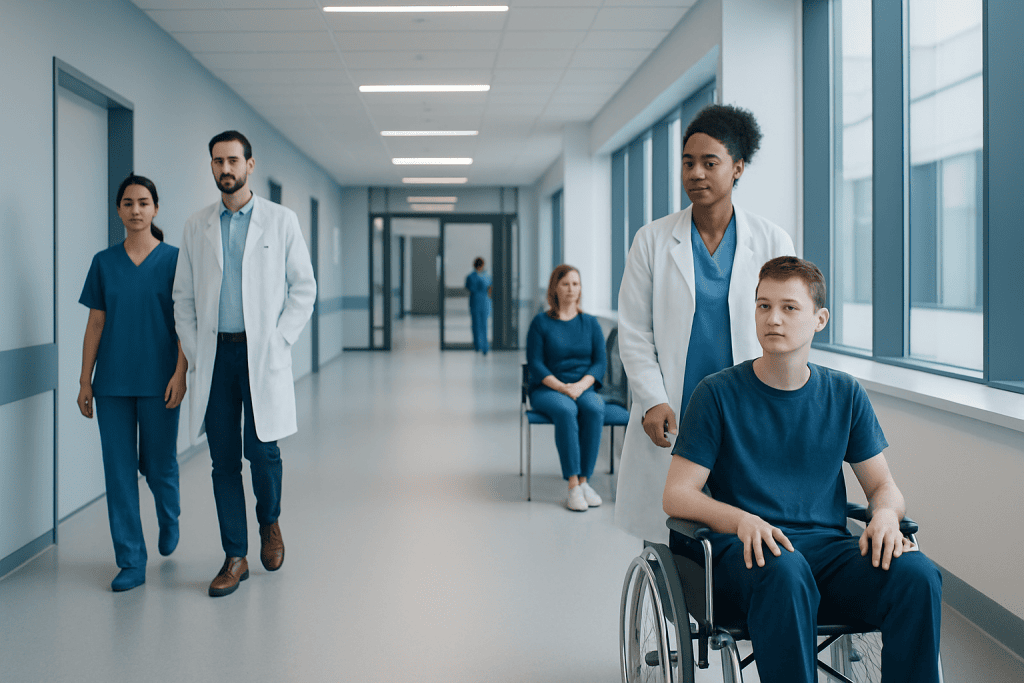Understanding Nemaline Myopathy: A Complete Patient Guide 1 Hospital corridor with medical staff and a patient in a wheelchair.