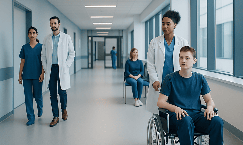 Hospital corridor with medical staff and a patient in a wheelchair.