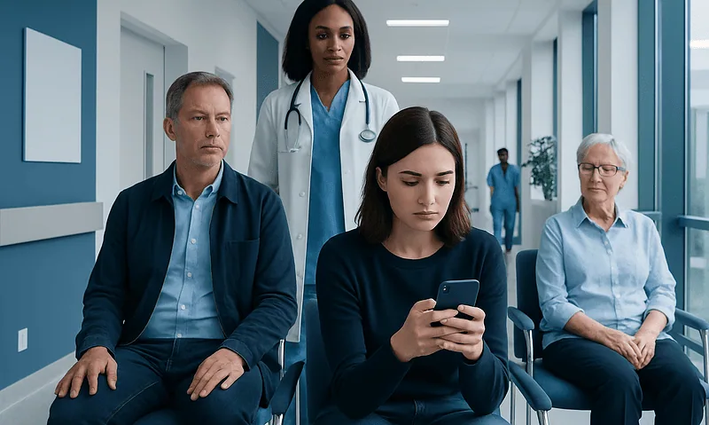 Young woman using smartphone in hospital waiting area with medical staff and patients.
