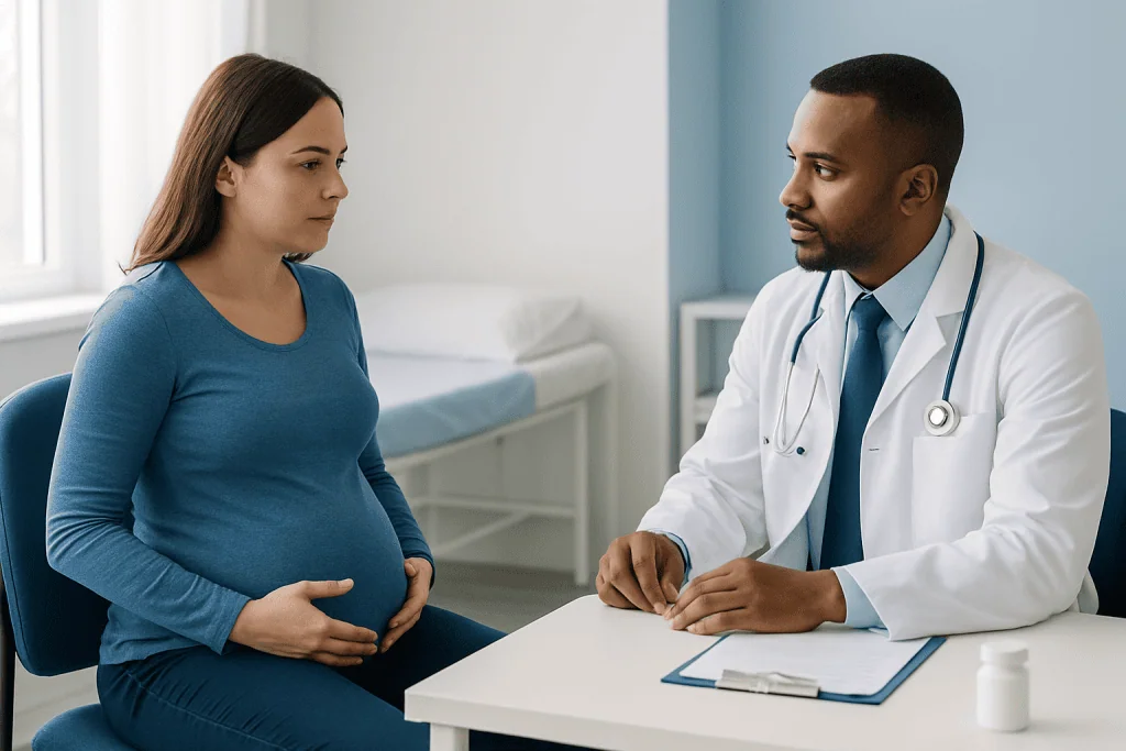 Pregnant woman consulting with a doctor in a medical office.