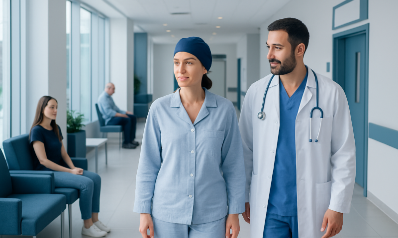 Healthcare professionals in hospital corridor with patients in background.