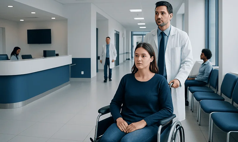 Doctor with female patient in wheelchair in hospital corridor.