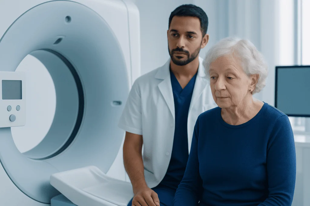 Elderly woman undergoing a medical scan with a healthcare professional present.