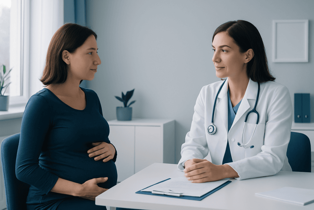Pregnant woman consulting with a doctor in a medical office.