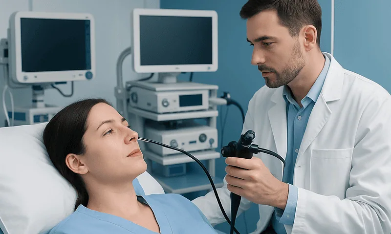 ENT specialist examines patient with endoscope in hospital room.