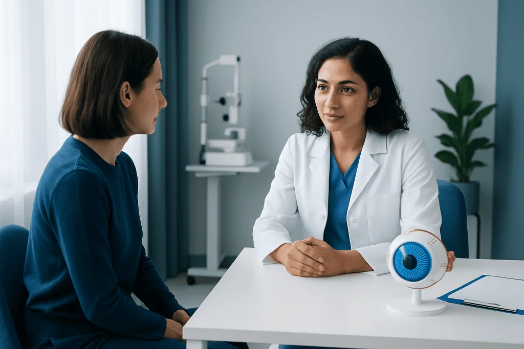 Ophthalmologist consulting with patient about eye health at Acibadem Hospital.